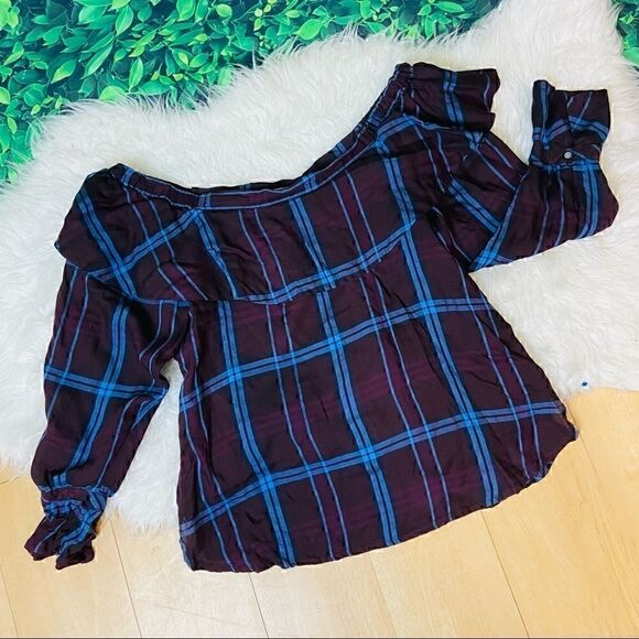 Loft purple plaid casual off the shoulder ruffled sleeves top blouse S - Picture 11 of 15